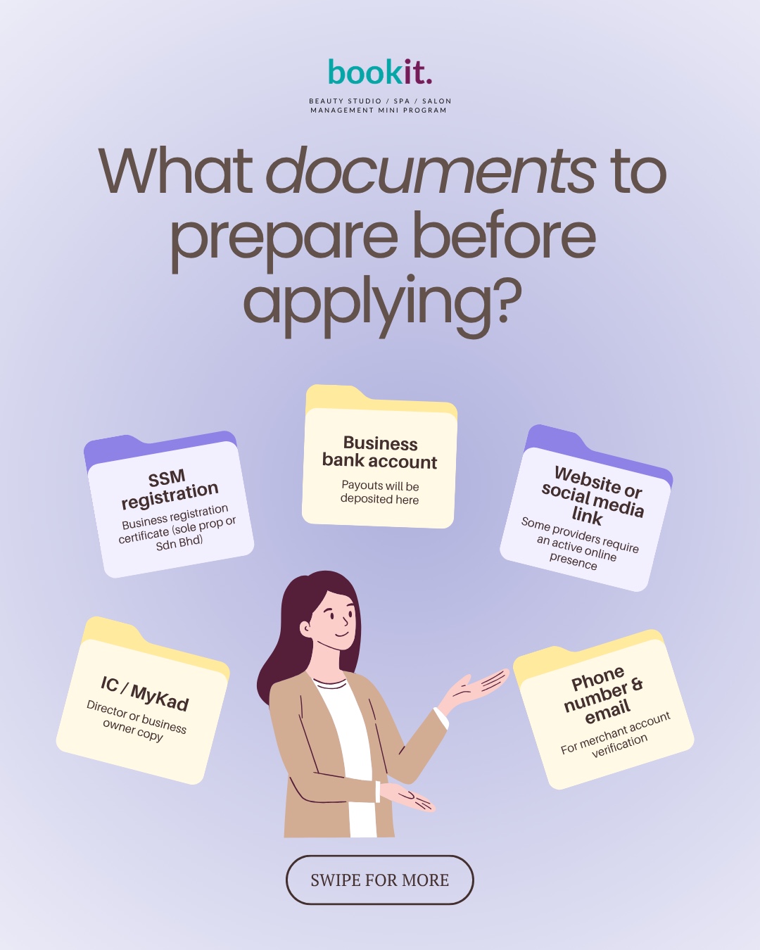 What documents to prepare before applying: SSM, business bank account, IC, social media link, phone & email