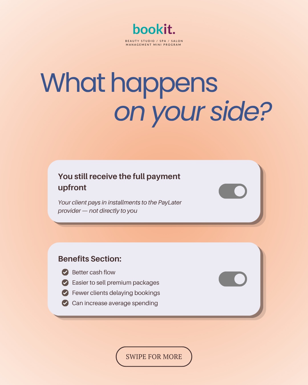 What happens on your side: full payment upfront, better cash flow, easier premium package sales