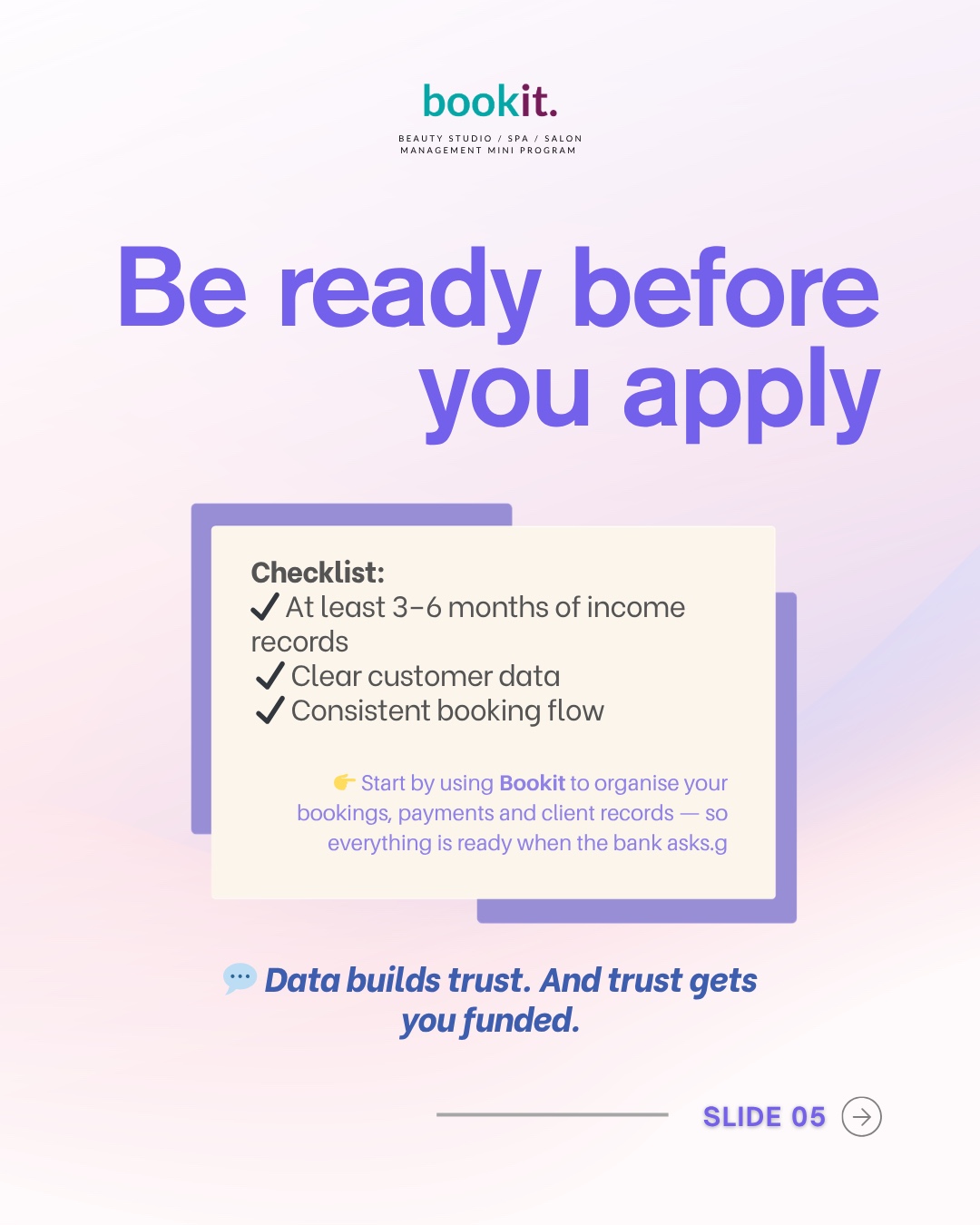 Be ready before you apply — checklist: 3–6 months of income records, clear customer data, consistent booking flow.