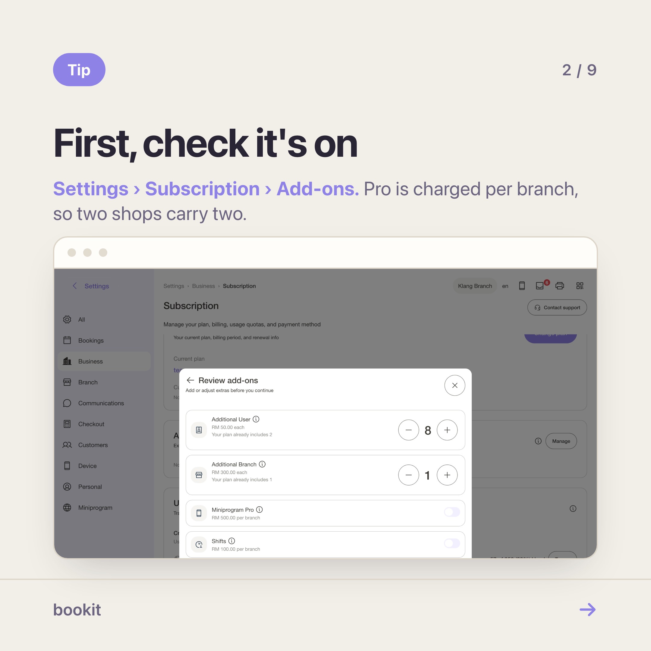 Miniprogram Pro listed in the subscription add-ons, priced per branch