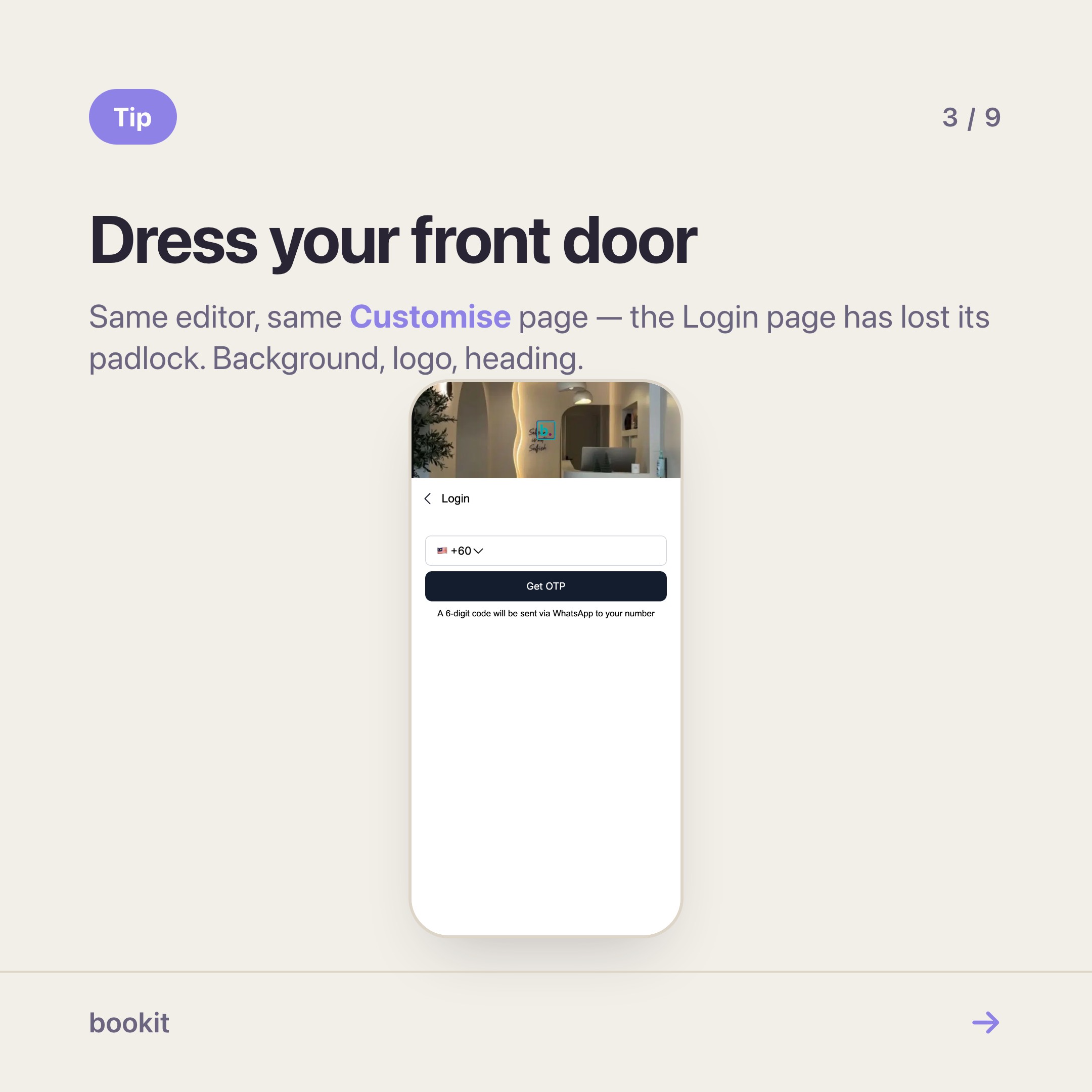 The customer sign-in screen, now editable: background image, logo and heading are the merchant's