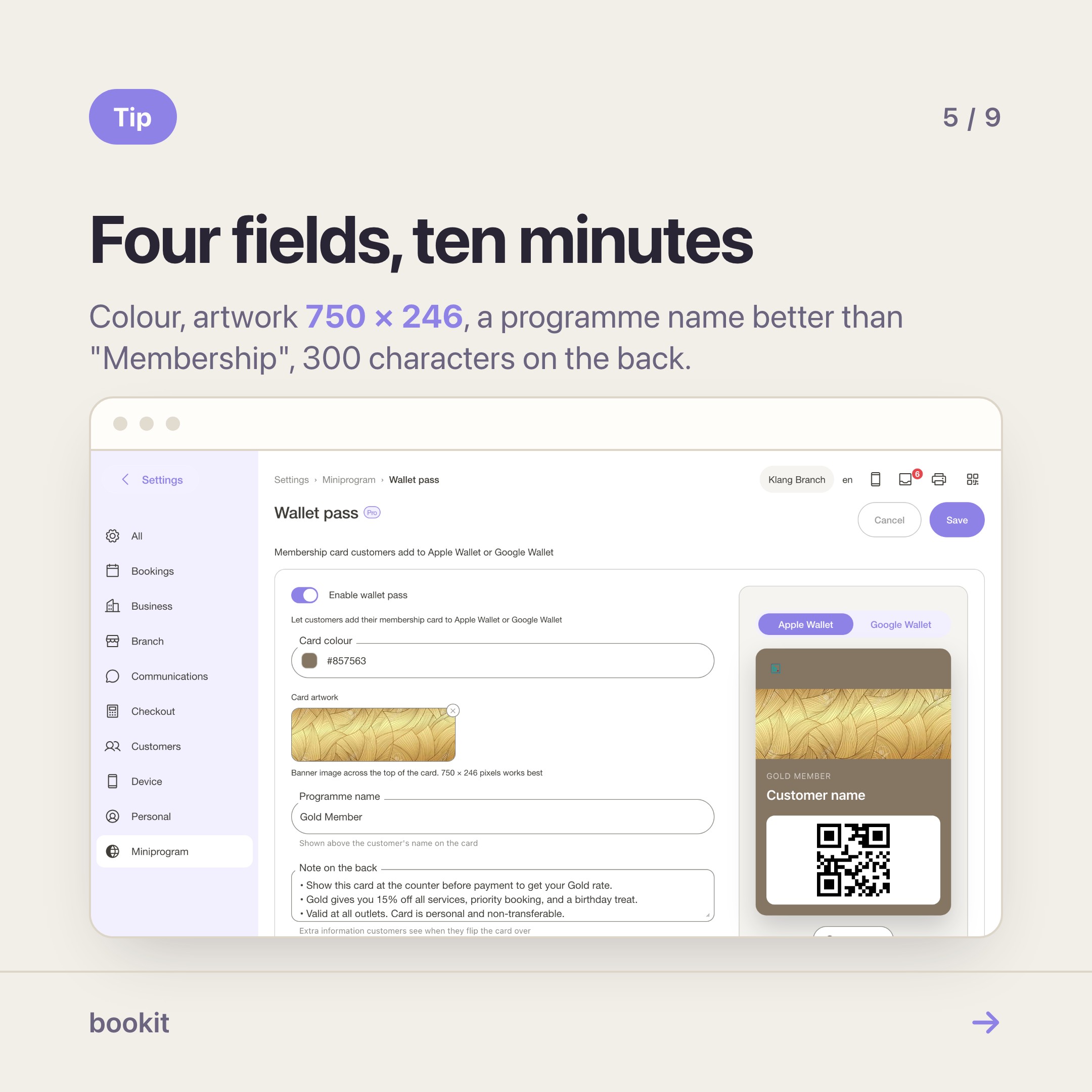 Wallet pass settings — card colour, artwork, programme name and back-of-card note, with a live preview