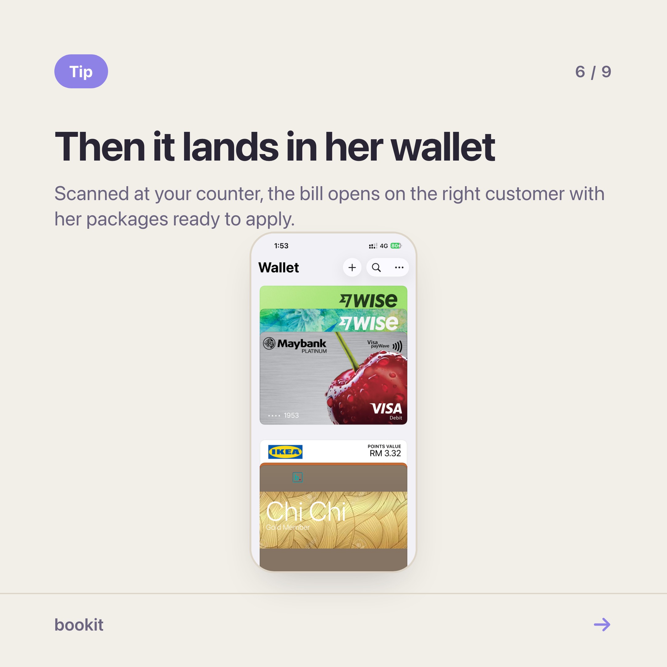 The finished member card in a customer's phone wallet, carrying the QR your team scans at checkout
