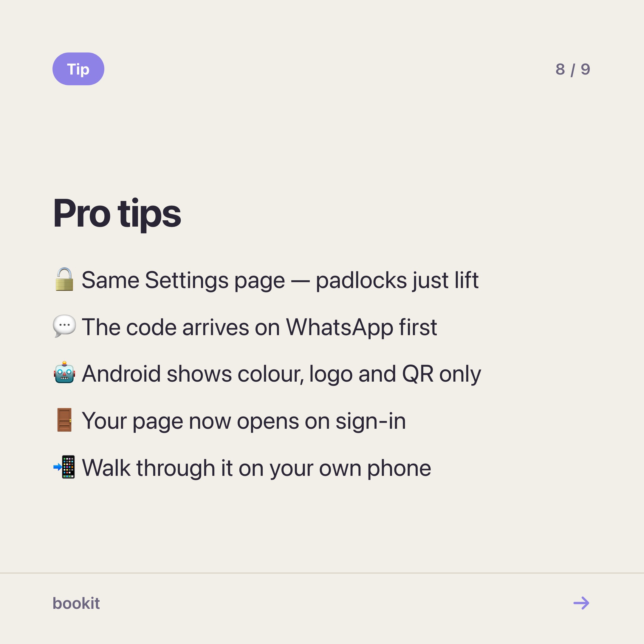 Pro tips: the pages unlock in the same Settings screen, the one-time code arrives on WhatsApp first, Android wallet cards show only colour, logo and QR, your booking page now opens on a sign-in screen, and you should walk through it on your own phone