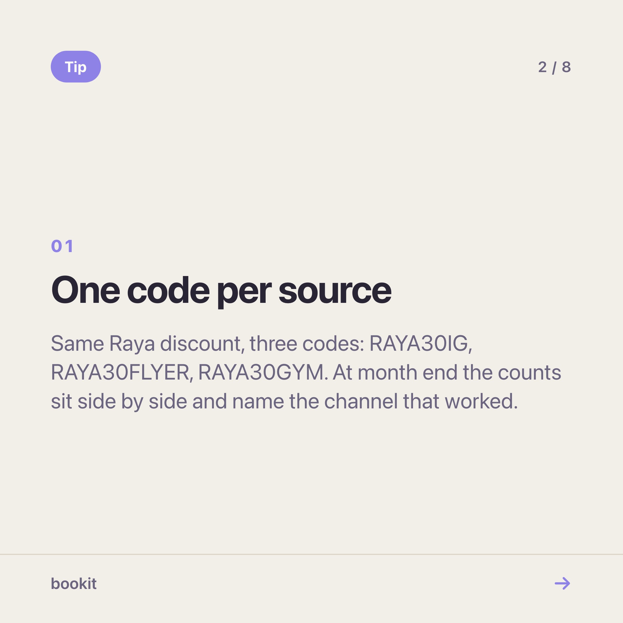 Use one code per source — Instagram, flyer, partner — so the redemption counts show which channel worked