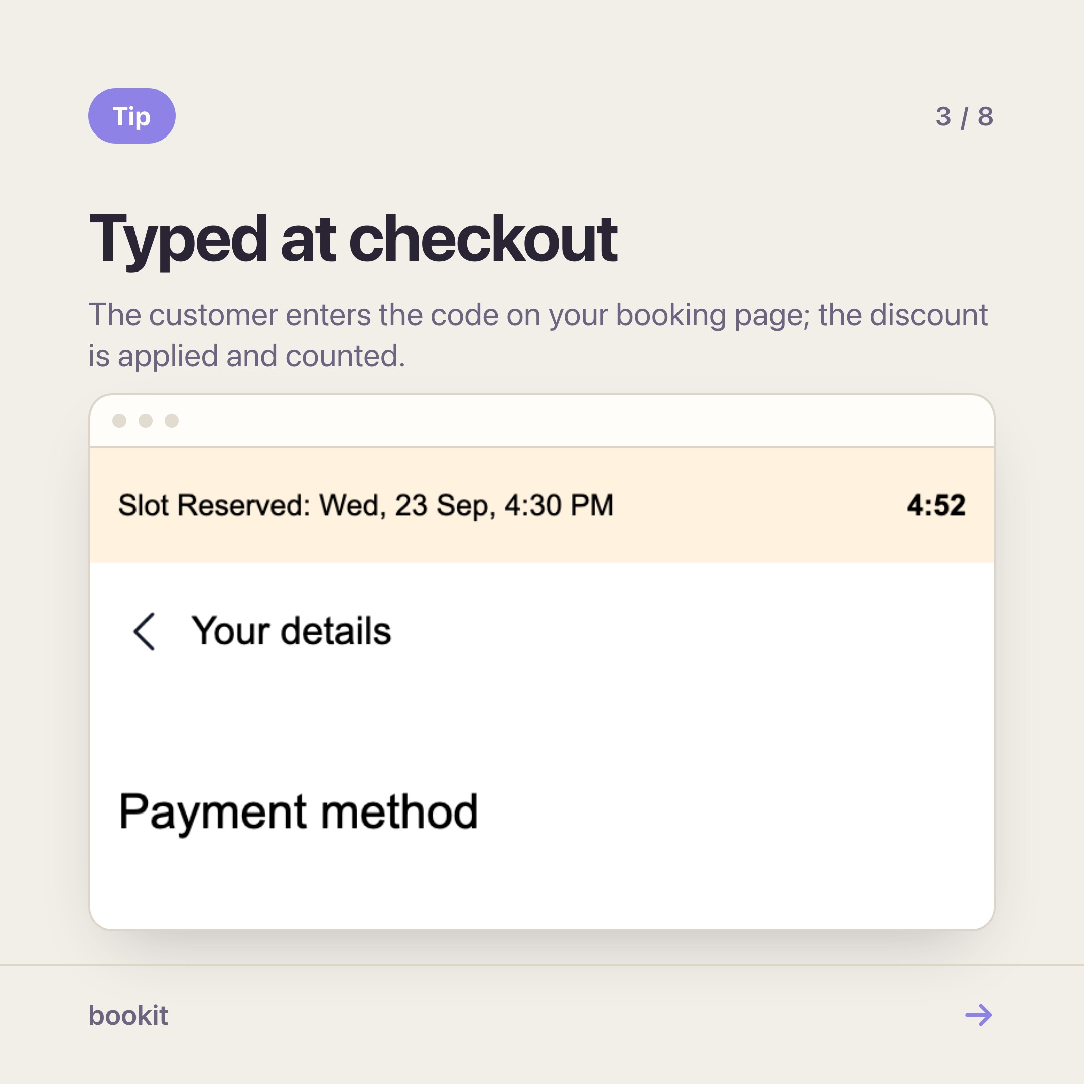 A promo code being entered at checkout on the booking page, with the discount applied