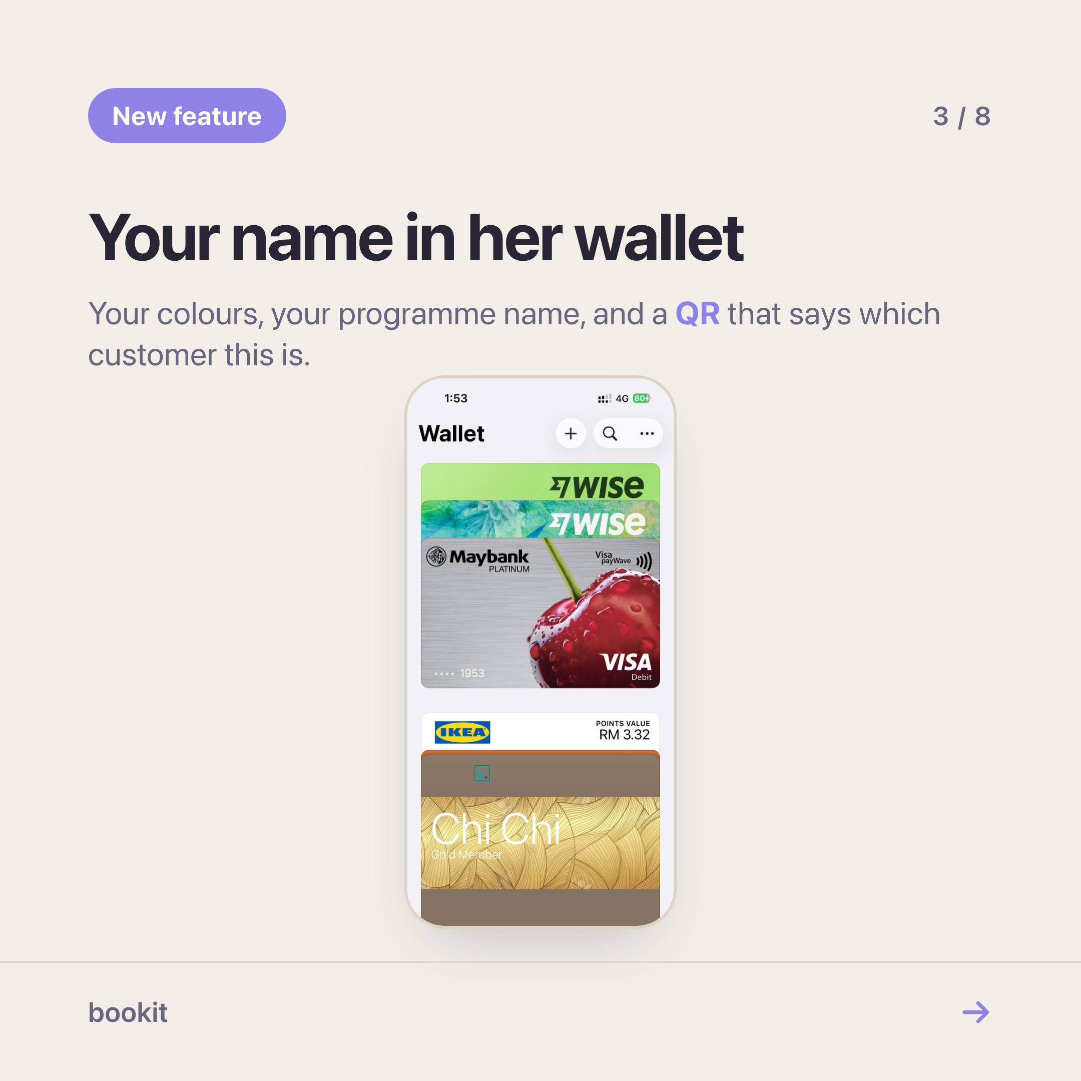 A branded member card sitting in the customer's phone wallet, carrying a QR code