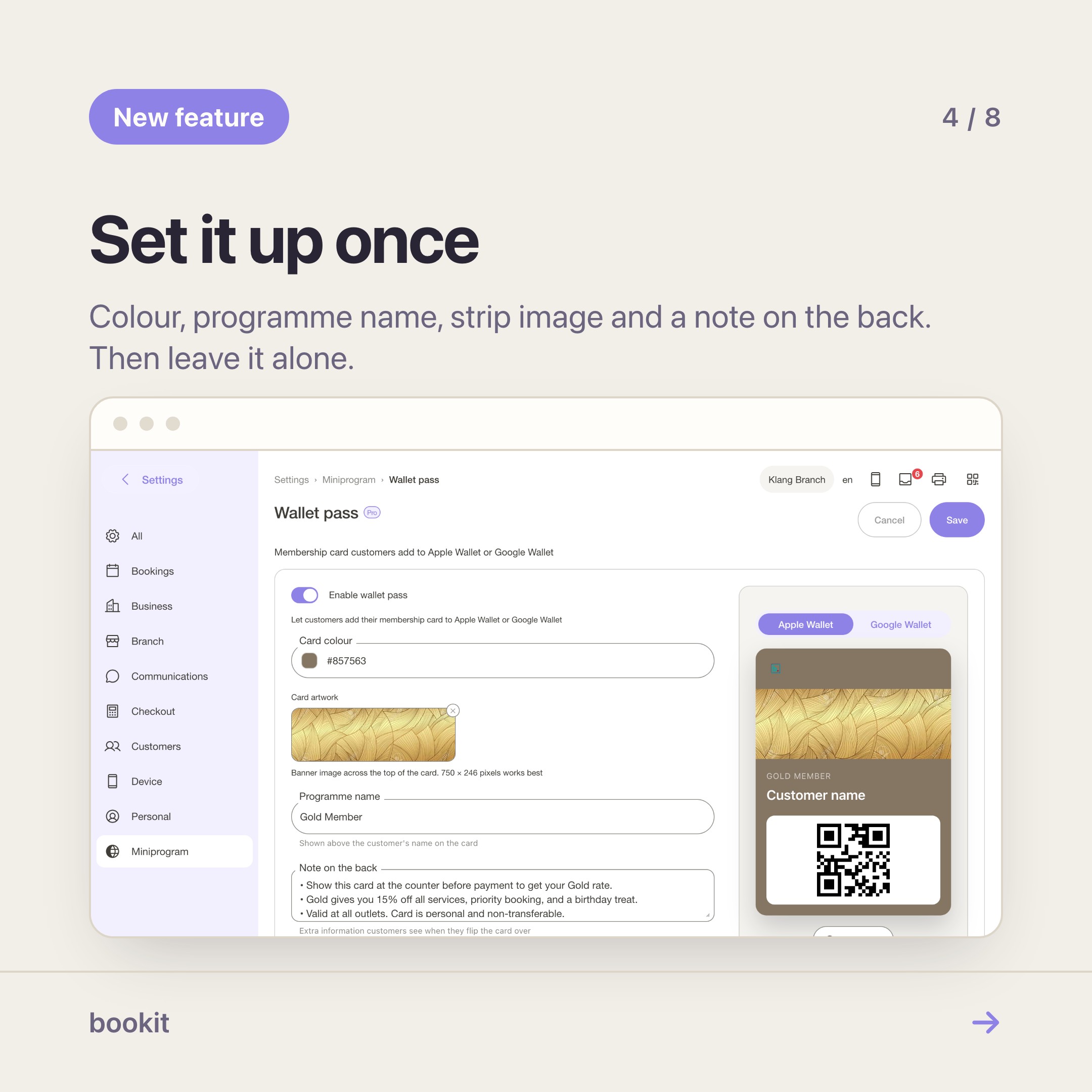 Wallet pass settings, where the card's colour, programme name, strip image and back-of-card note are set