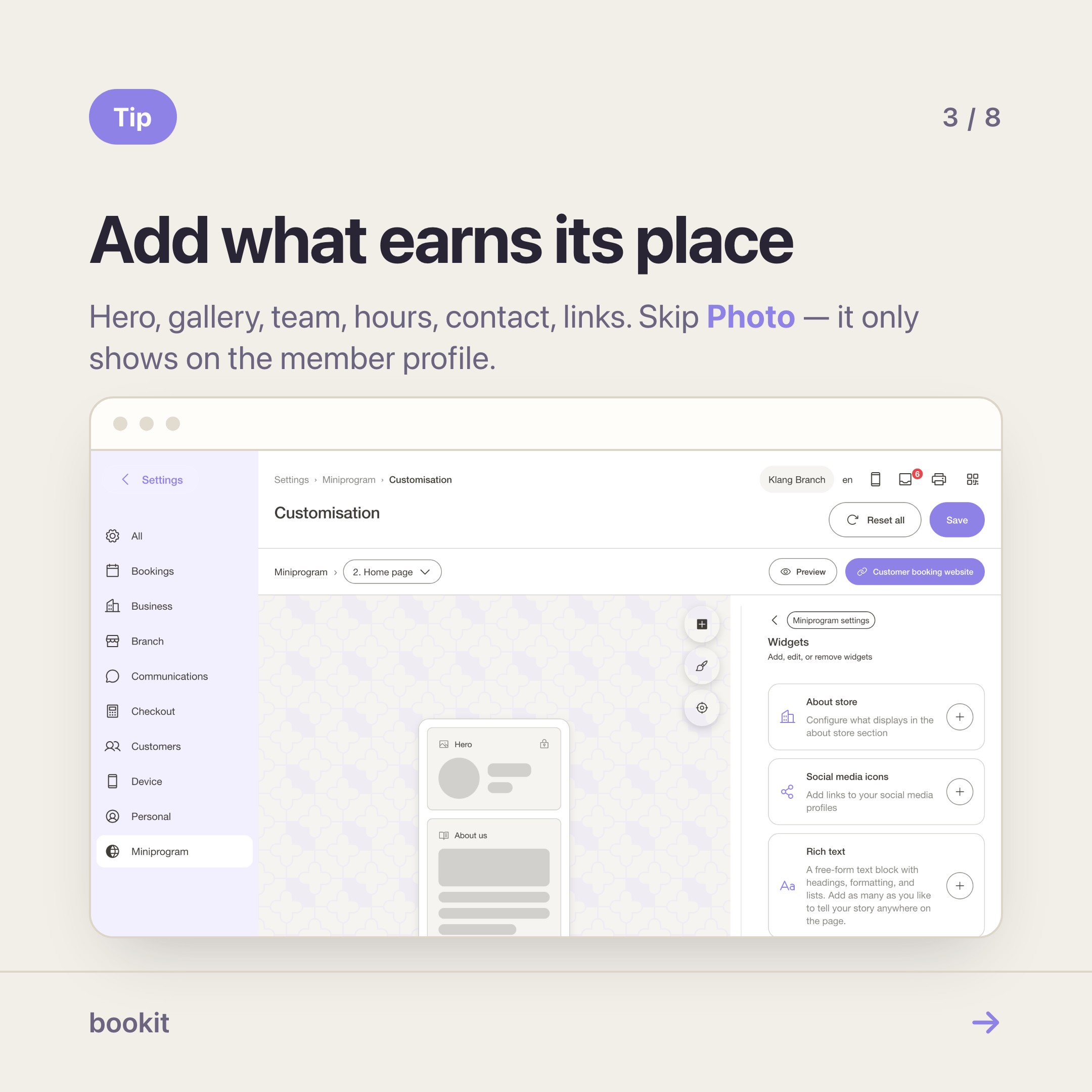 The Add widget catalogue, where a merchant picks which sections go on the booking page