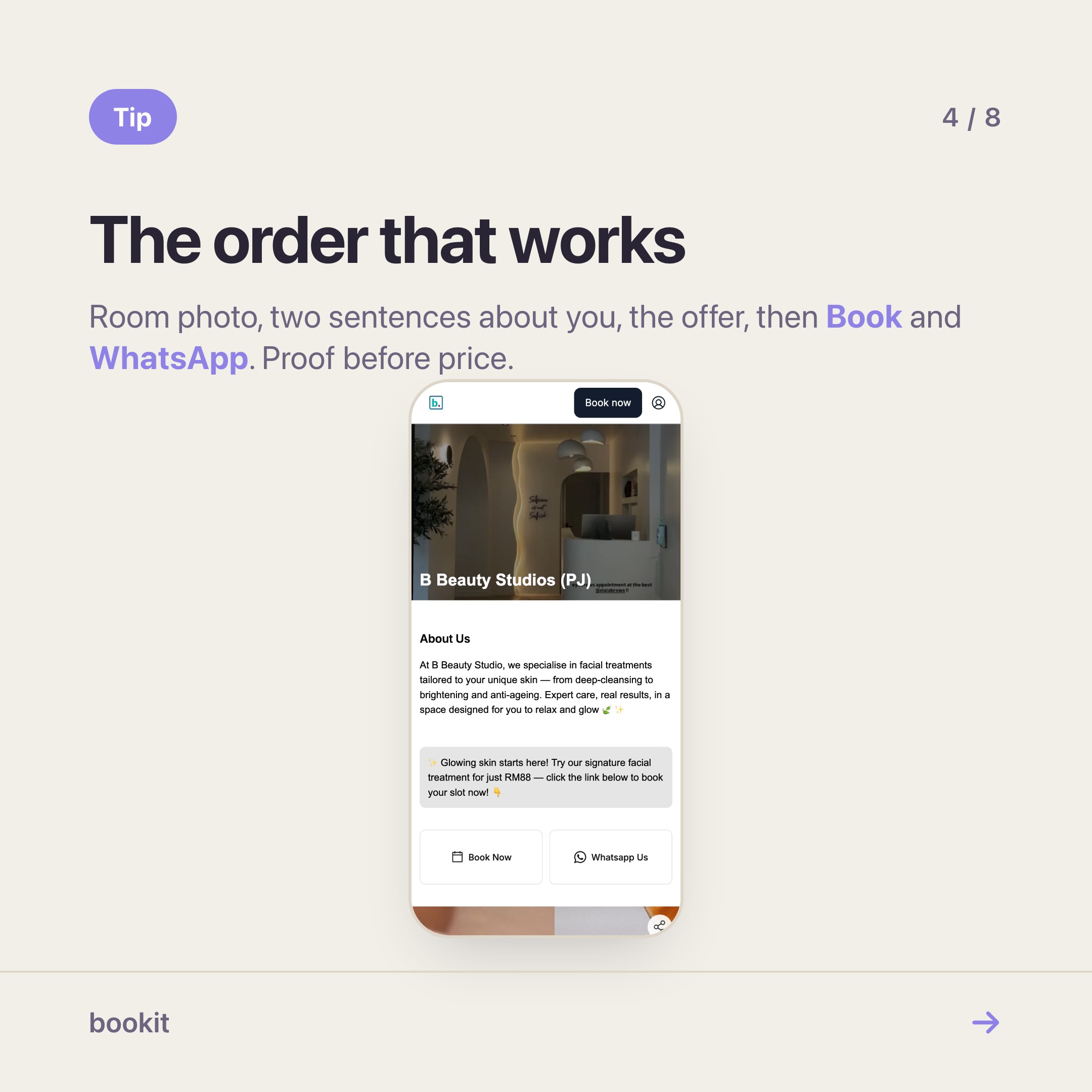A live booking page: hero photo of the room, an about-us paragraph, a promotional message, then Book Now and WhatsApp Us tiles