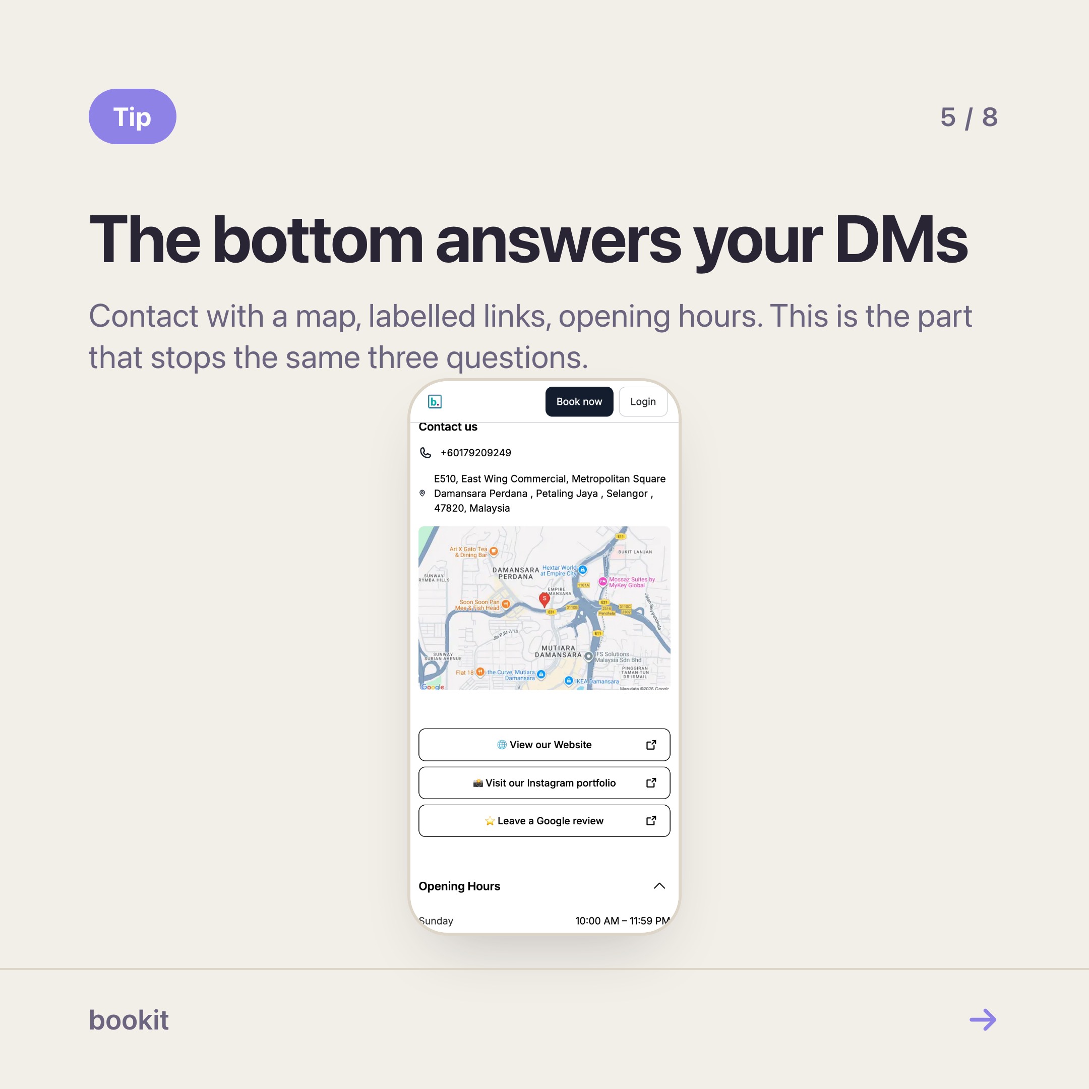 The lower half of a booking page: contact details with a map, labelled links to website, Instagram and reviews, then opening hours