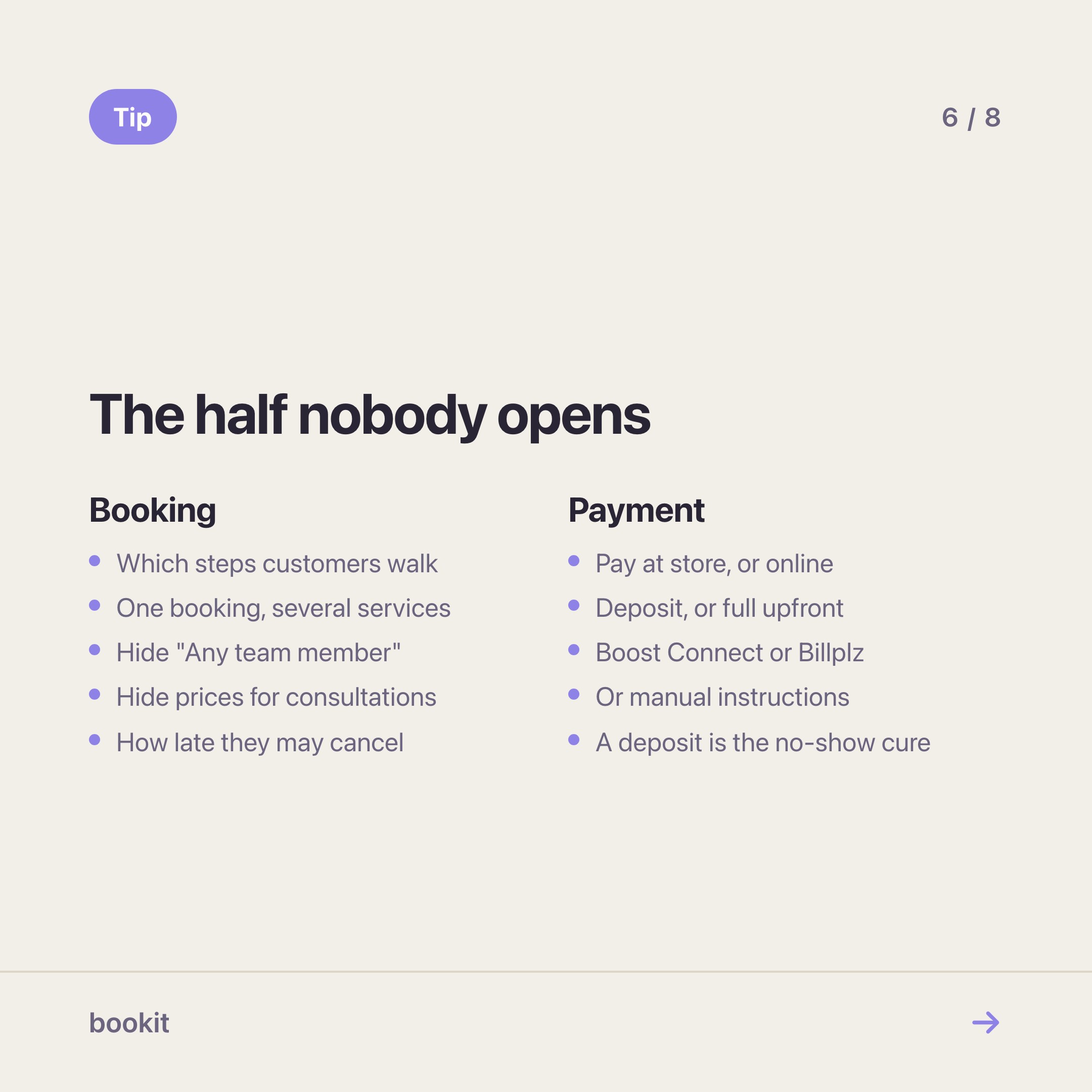 Settings → Miniprogram also holds the booking experience — the steps, multiple services, the any-team-member rule, hide prices and the cancellation window — and the payment options: pay at store or online, deposit or full upfront, through Boost Connect, Billplz or manual instructions