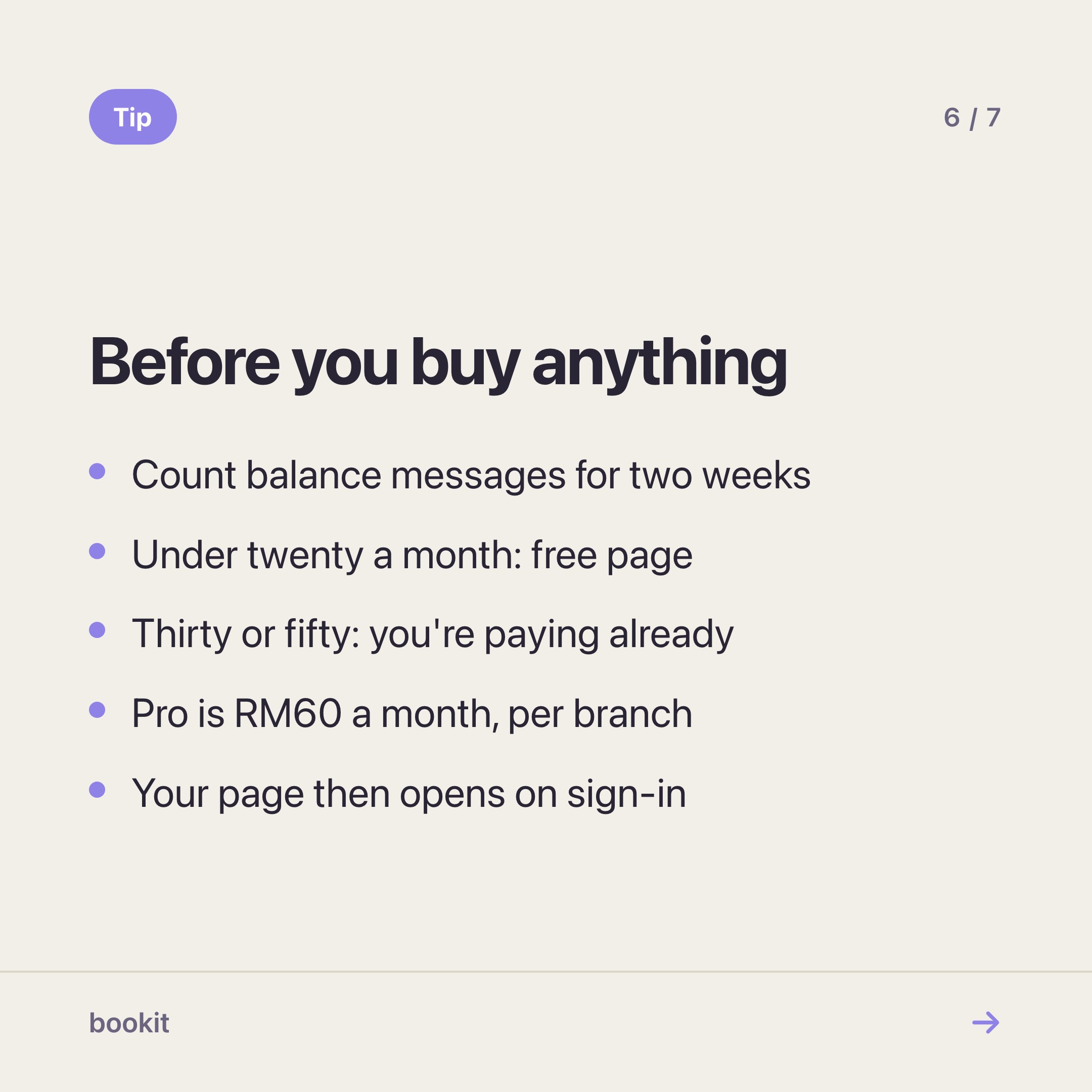 Sebelum beli: kira mesej baki selama dua minggu; bawah dua puluh sebulan, teruskan halaman percuma; tiga puluh hingga lima puluh bermakna kita dah bayar dengan masa malam. Pro RM60 sebulan satu cawangan dan halaman akan dibuka dengan skrin log masuk