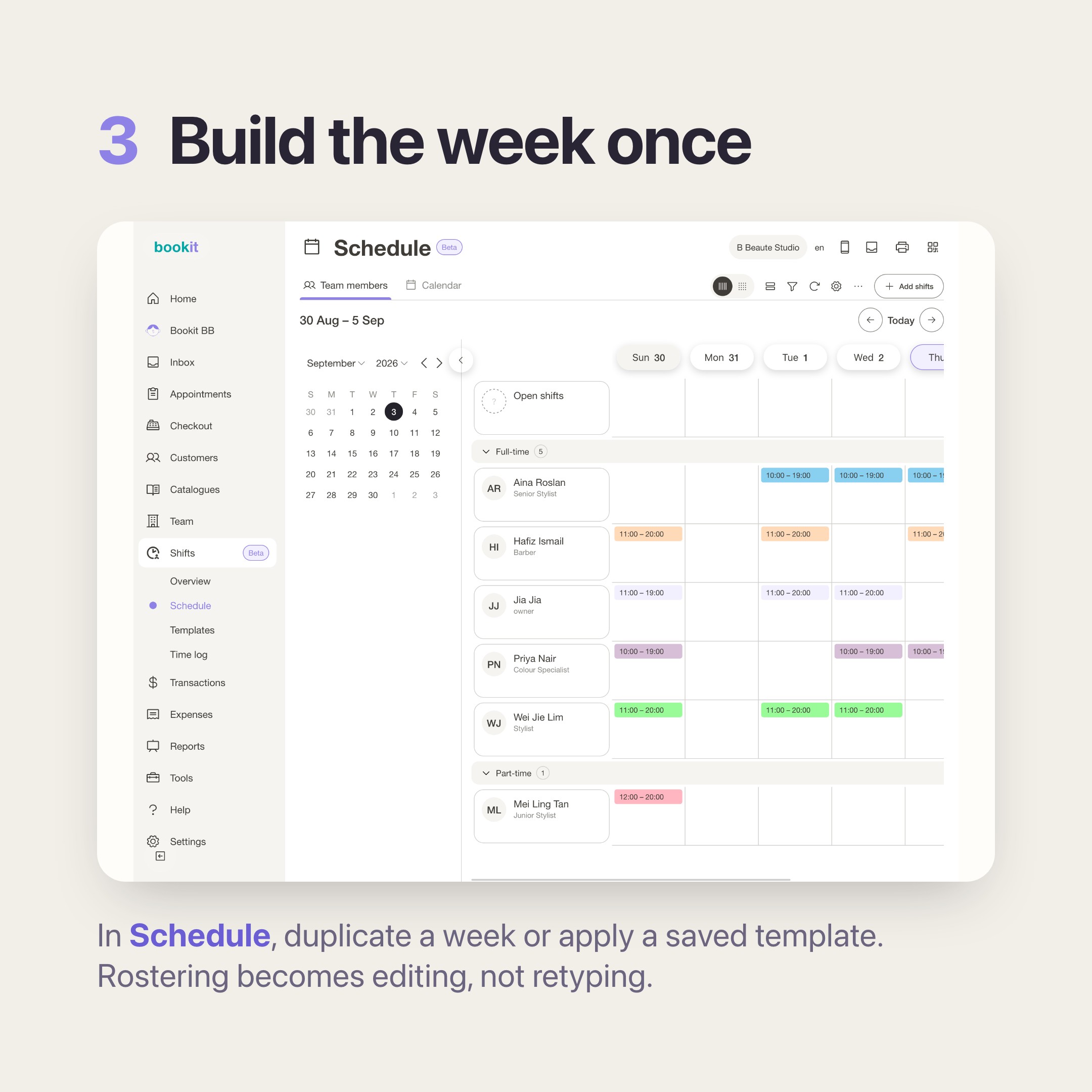 Fix one โ the Schedule page: a grid of team members against days, ready to duplicate or fill from a template.