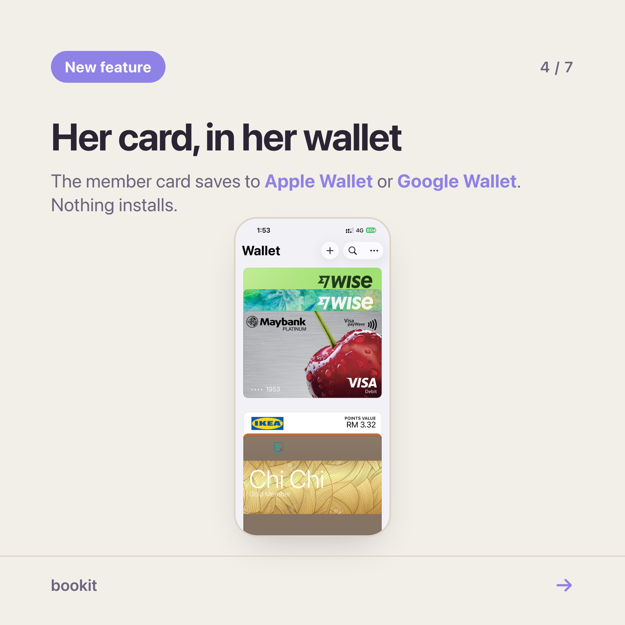 Kad ahli dengan jenama salon disimpan dalam wallet telefon pelanggan