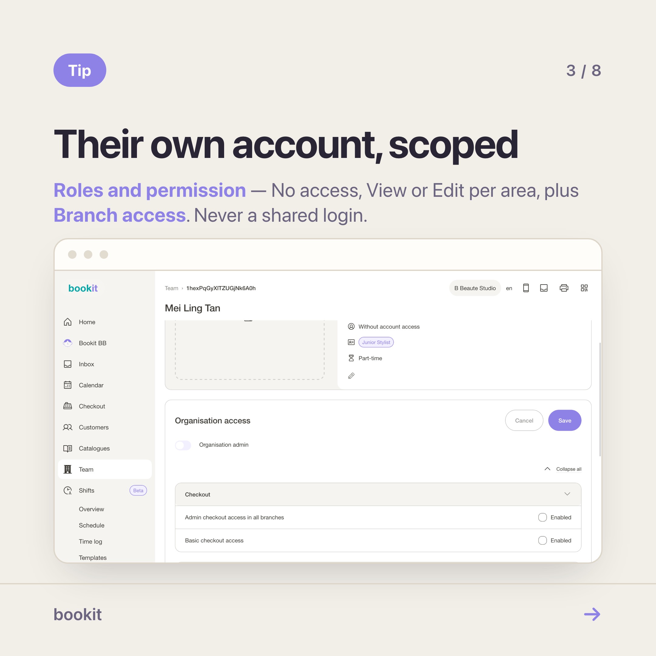 A team member's roles and permission panel with access level per area and branch access.