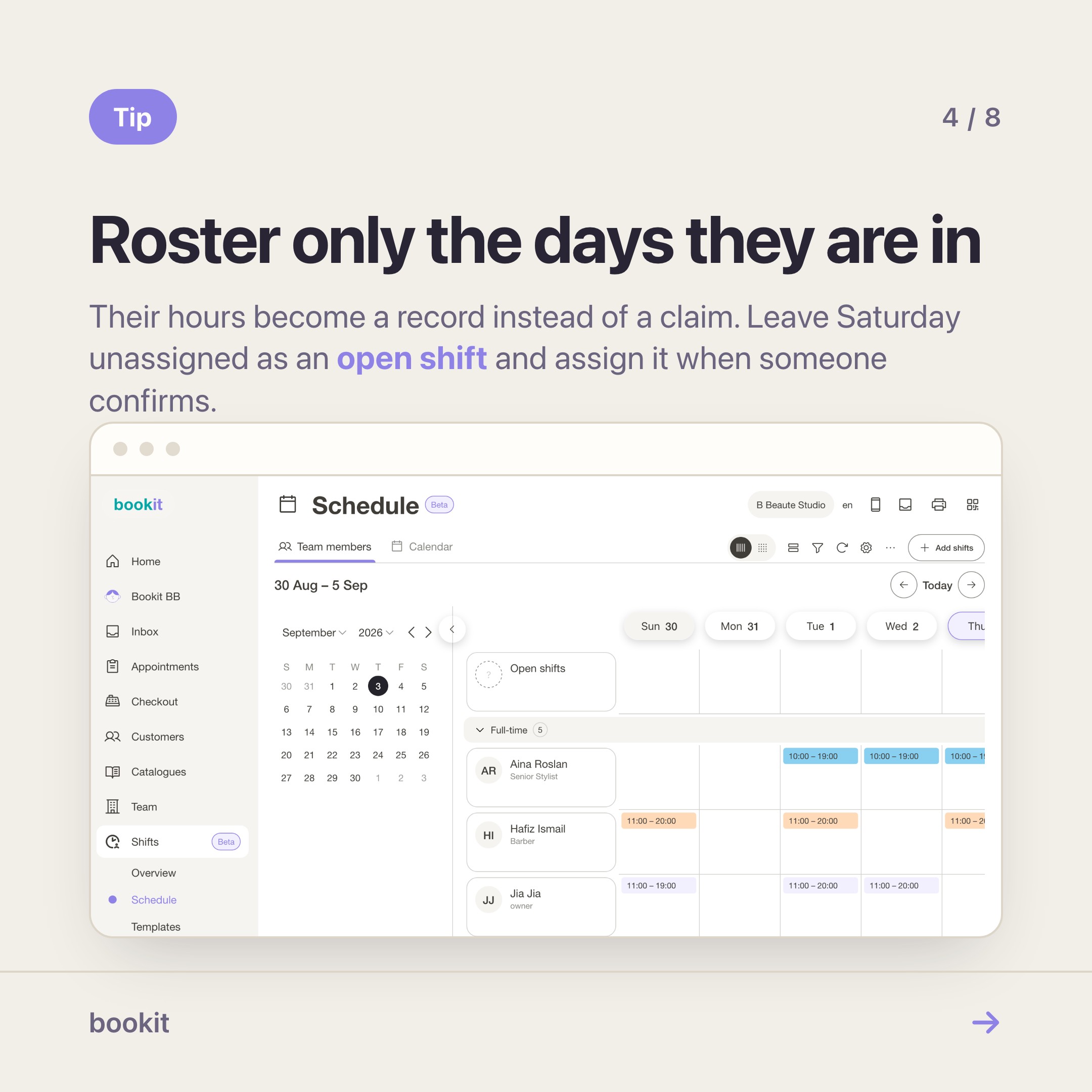 The Schedule page with team members rostered across days.
