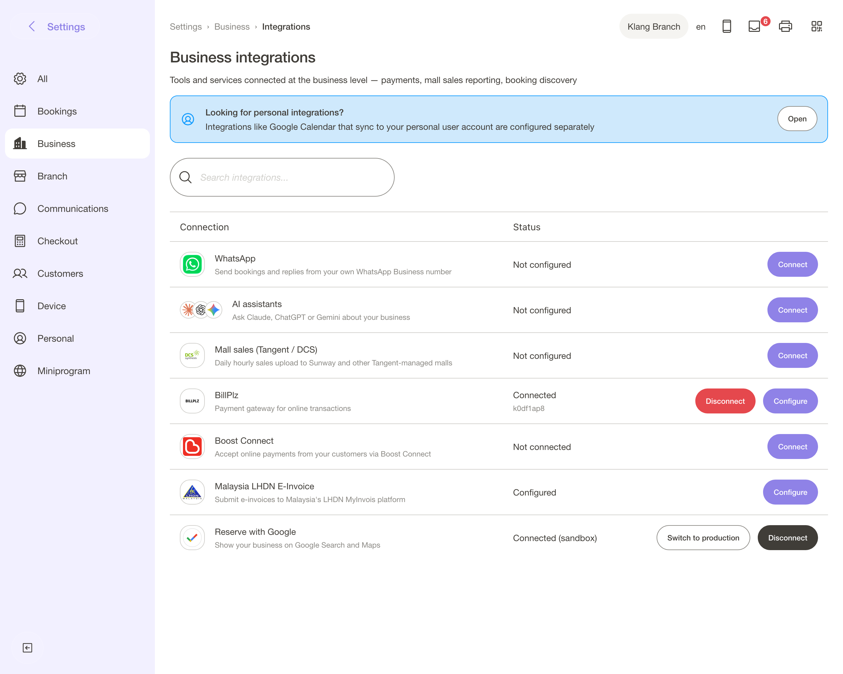 Satu suis โ dan senarai semak pendek yang Google periksa sebelum senarai anda berubah. Tetapan โ Integrasi โ Reserve with Google.