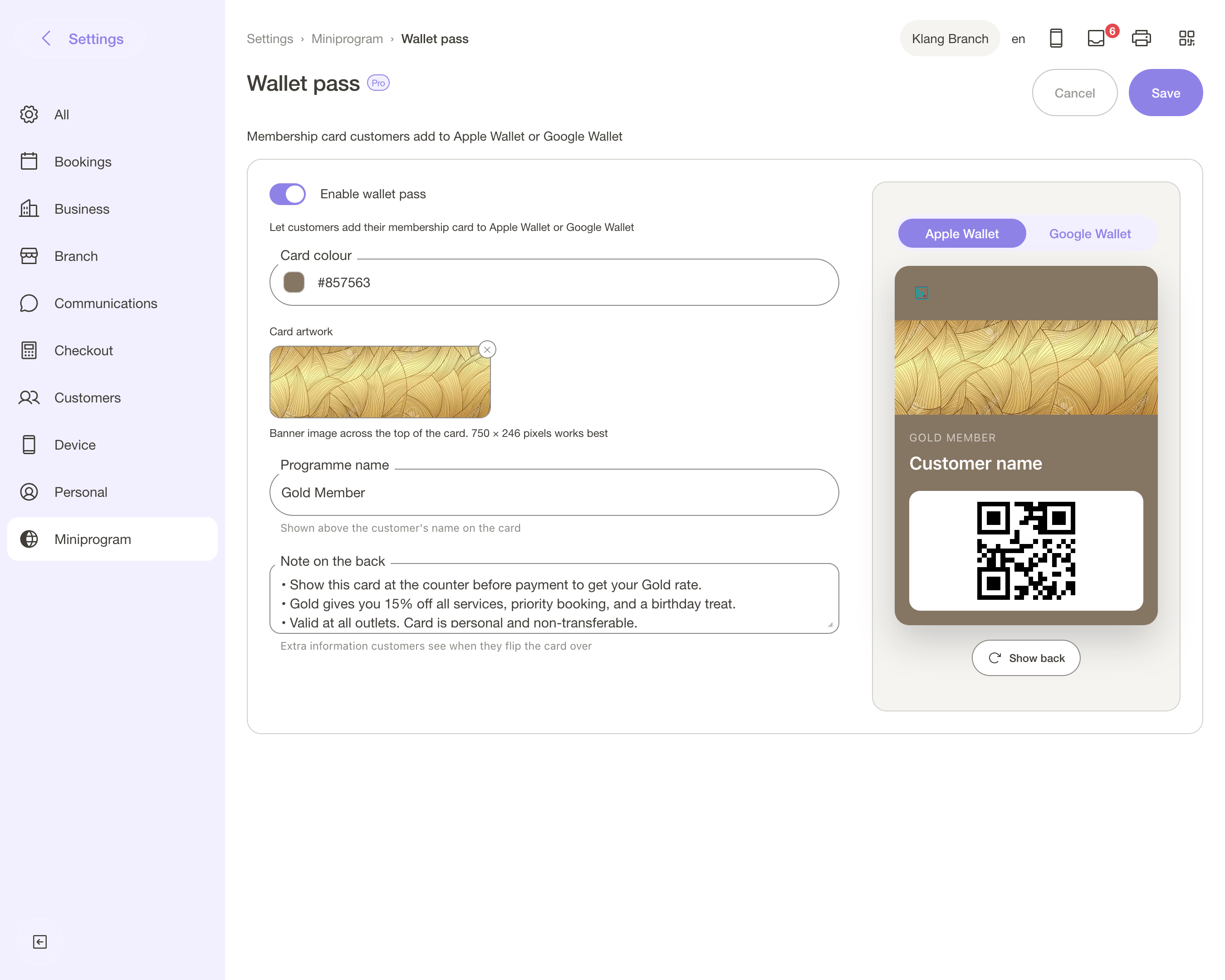 Wallet pass settings with a live preview.