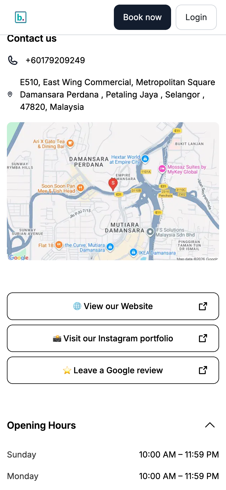Contact, links and opening hours on a live page.