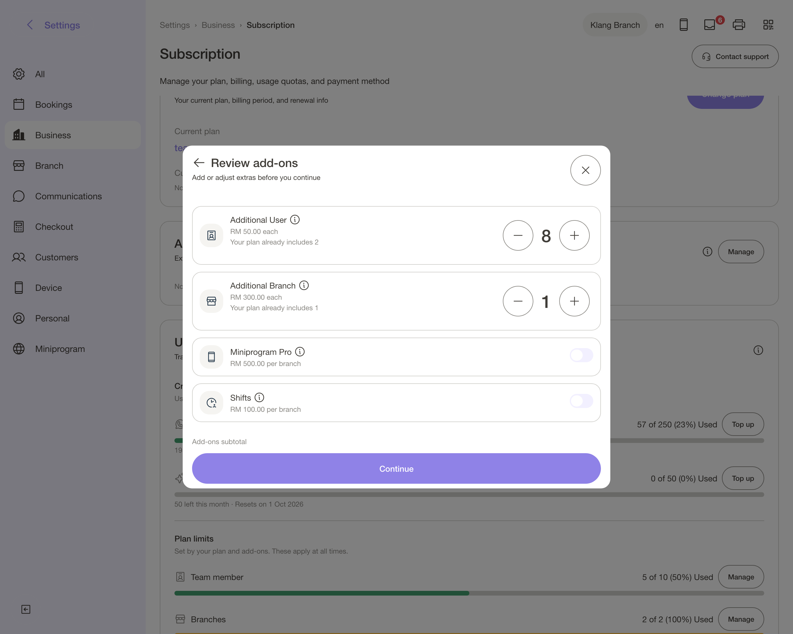 Senarai tambahan pada halaman langganan, Miniprogram Pro antara pilihan yang ada.