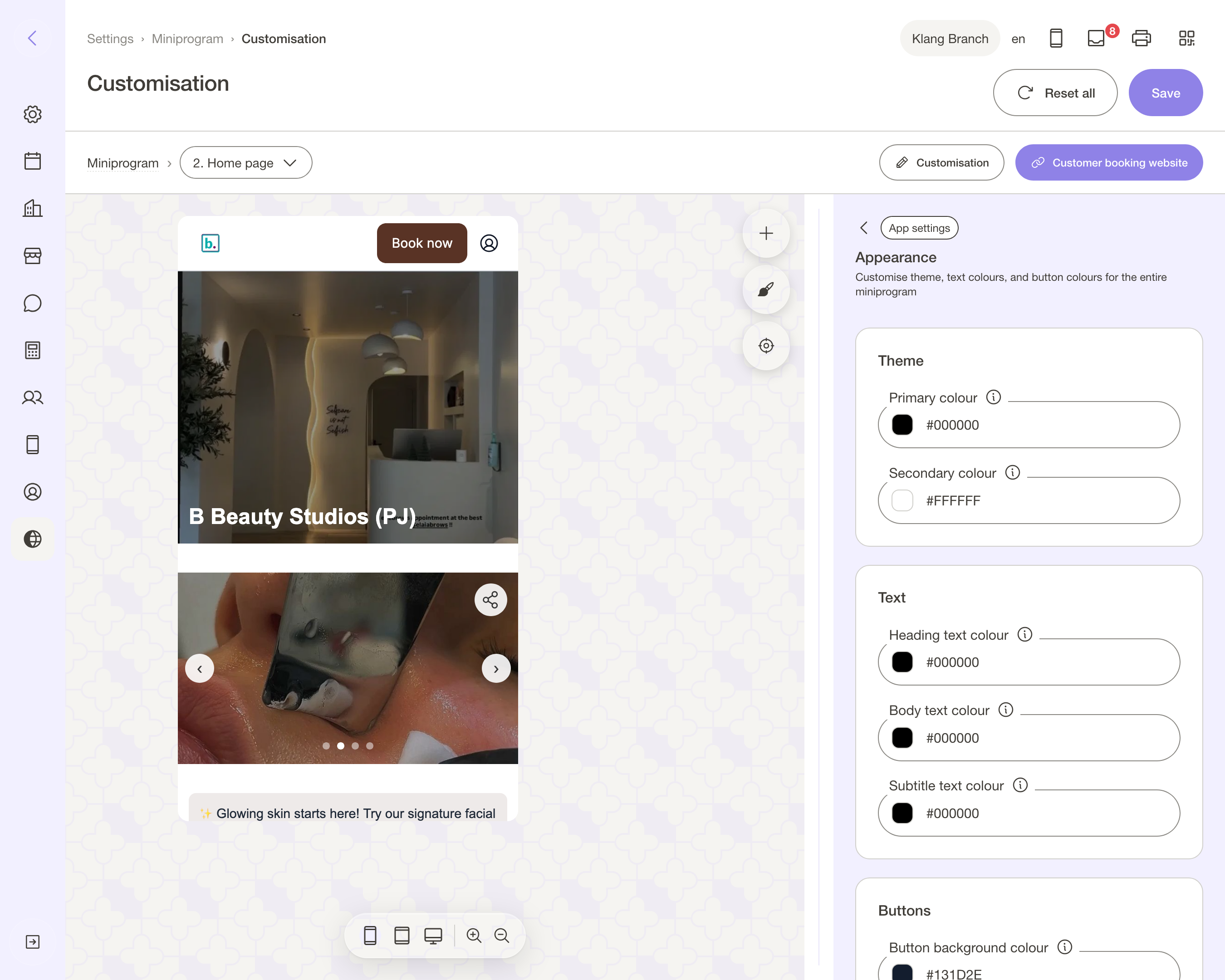 Appearance — theme, text and button colours.