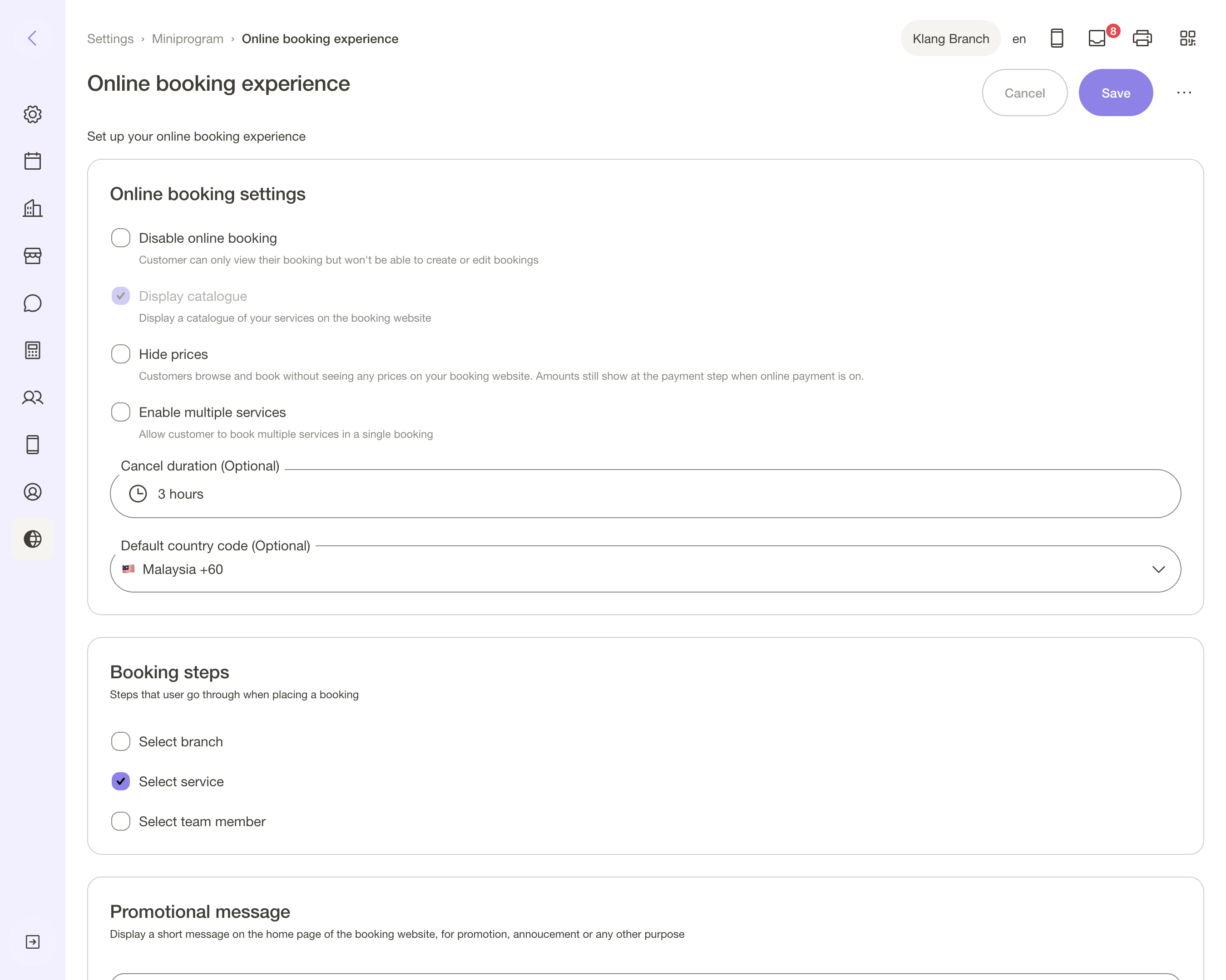 Booking experience settings.