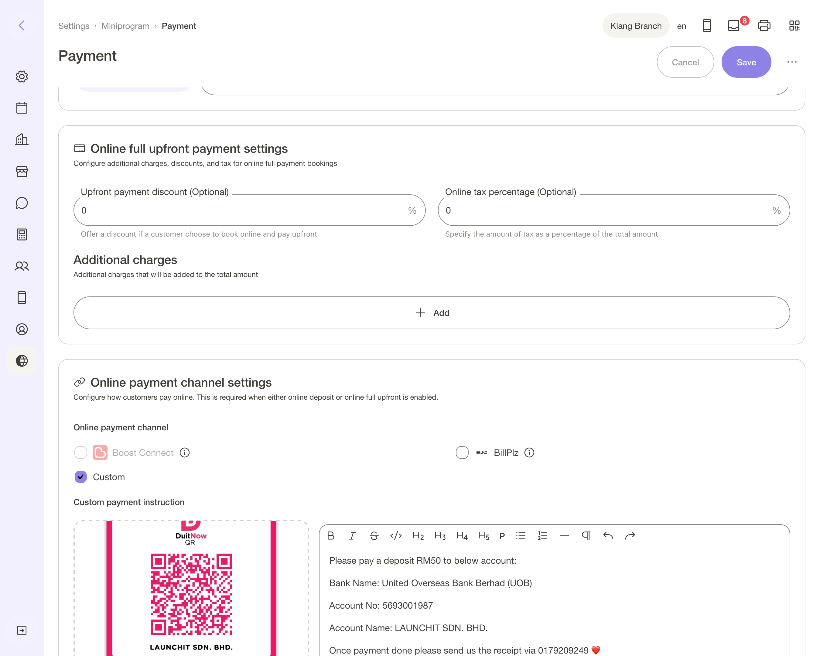 Payment settings.