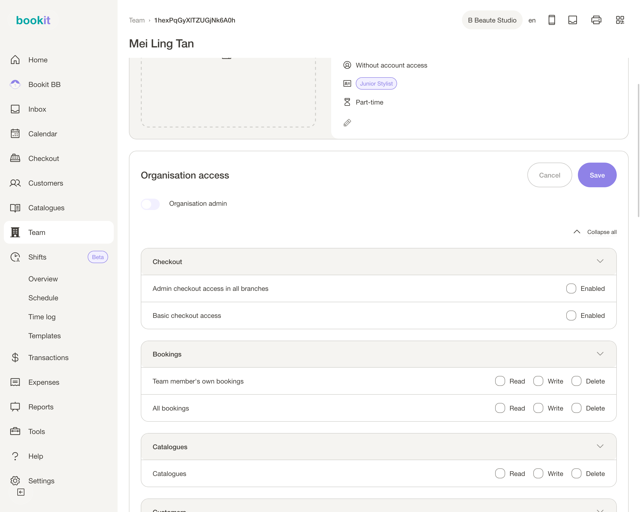 Access level per area, plus Branch access β so a freelancer sees their branch and nothing else. A team memberβs roles and permission panel, with access level per area.